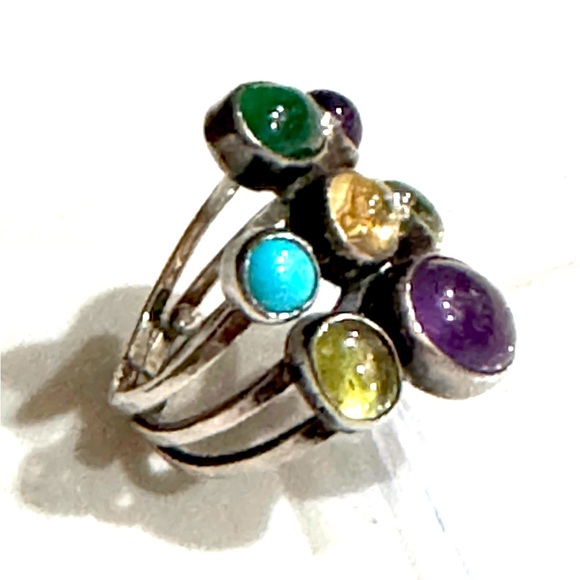Signed - Gilo & Grace Nakai, Navajo. Vintage Multi Stone Sterling Cluster Ring - Picture 8 of 14